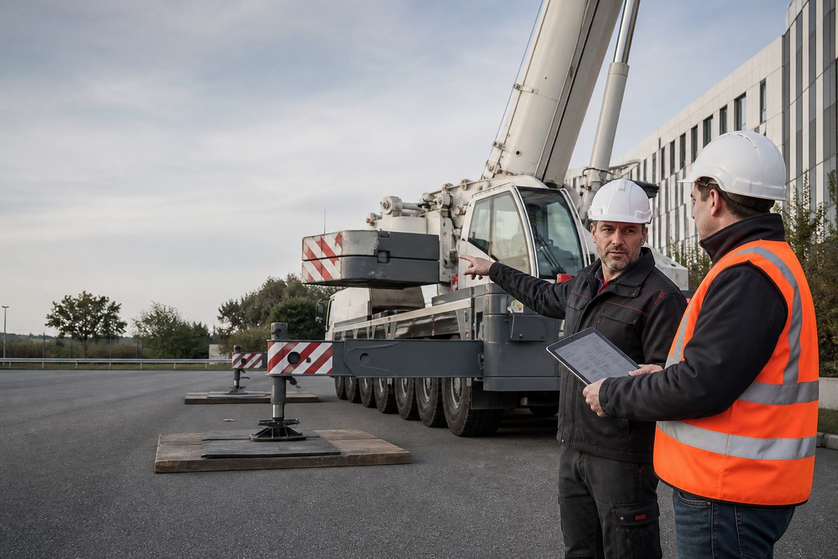 Responsable travaux et grutier préparant le coût d’une grue de 50 tonnes